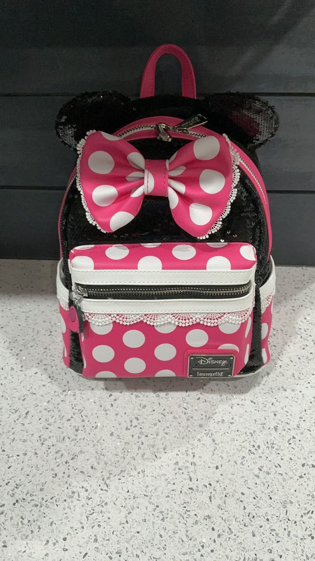 Loungefly Minnie Mouse Sequin Mini Backpack, Polka Dots, Cosplay, 8.5 X 11 X 4.5 Inches, Faux Leather, Black