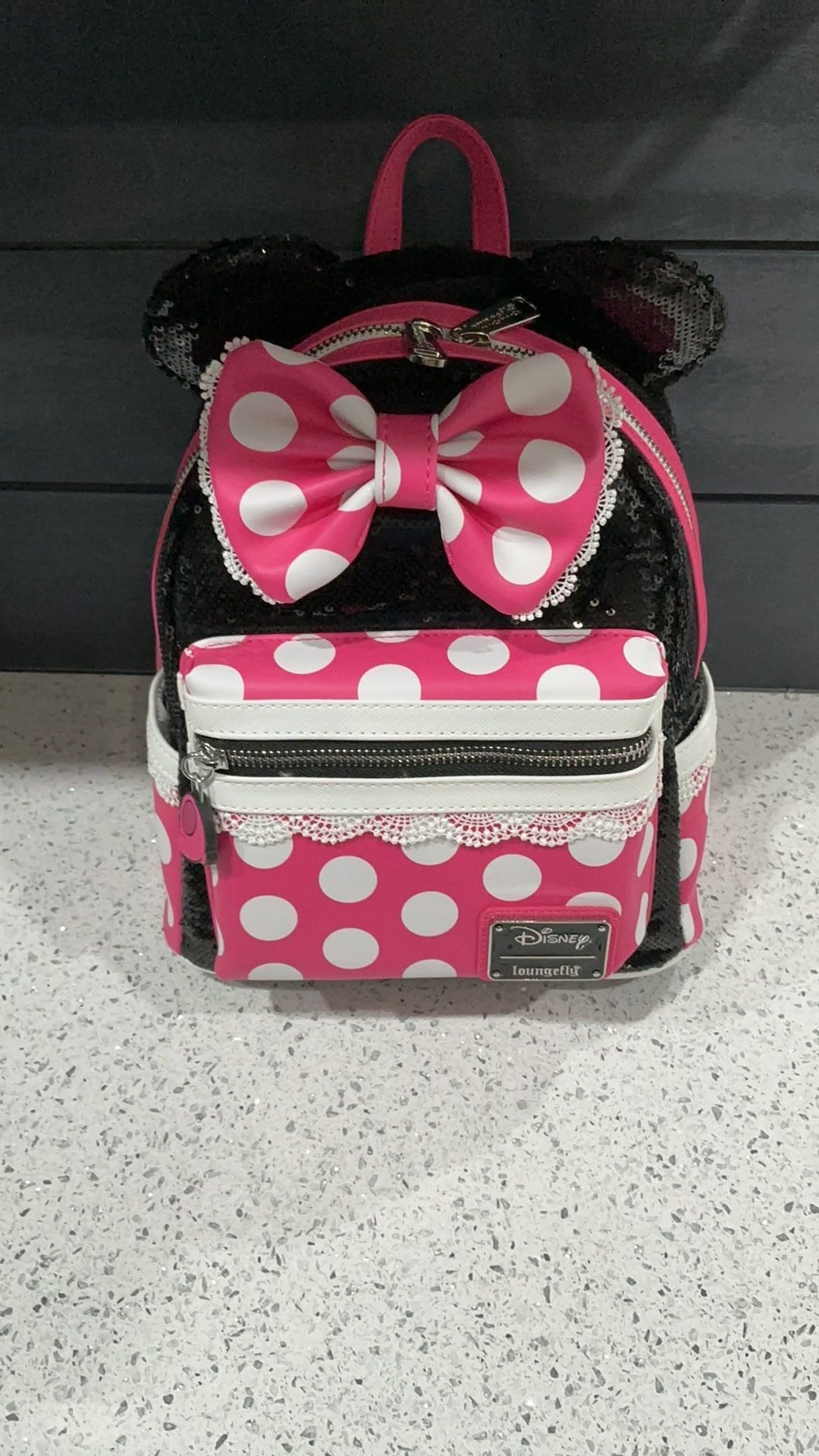 Loungefly Minnie Mouse Sequin Mini Backpack, Polka Dots, Cosplay, 8.5 X 11 X 4.5 Inches, Faux Leather, Black