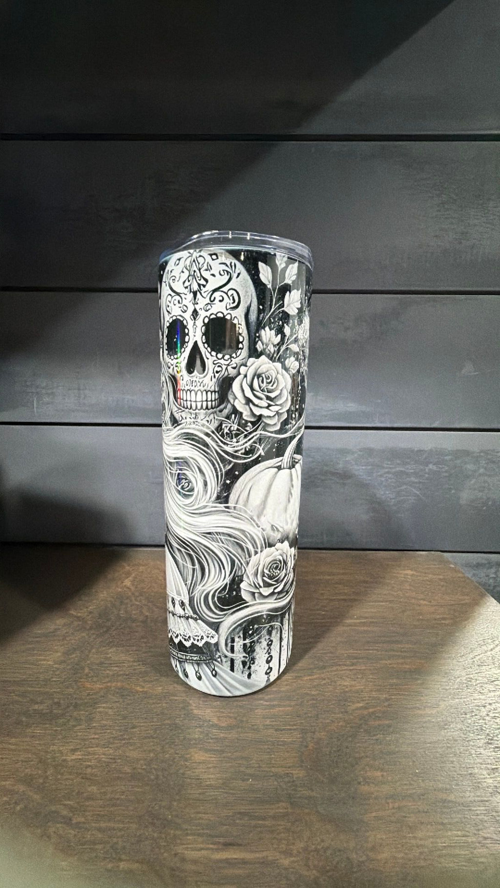 Black and white sugar skull tumbler