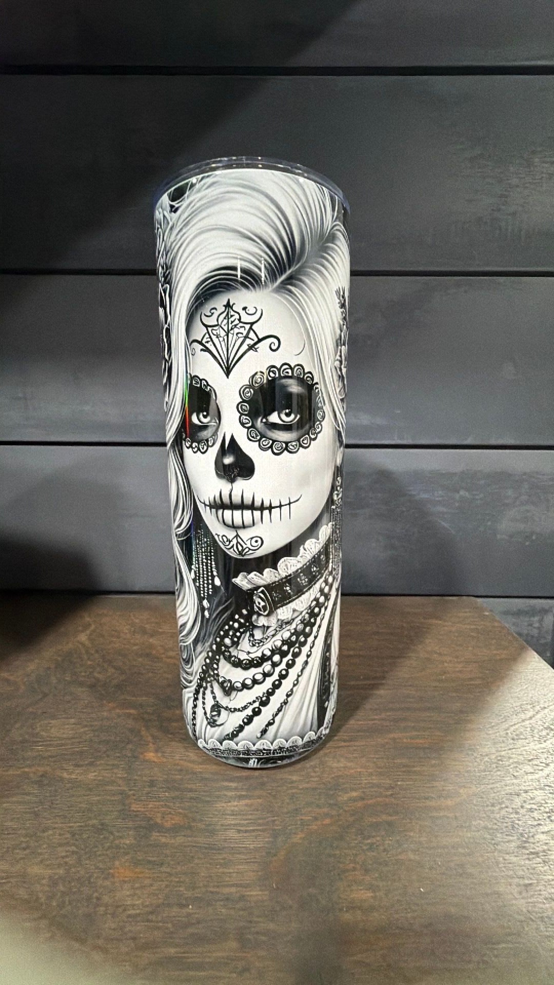 Black and white sugar skull tumbler