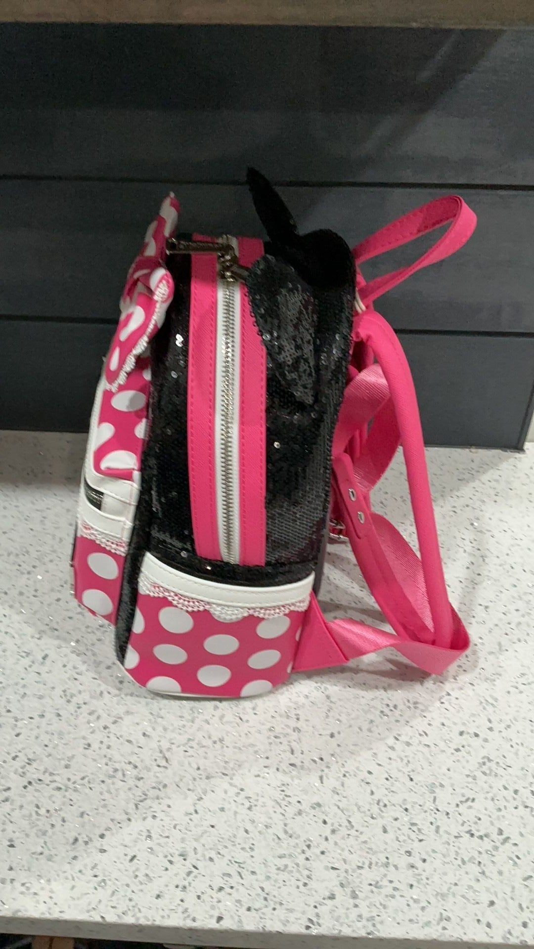 Loungefly Minnie Mouse Sequin Mini Backpack, Polka Dots, Cosplay, 8.5 X 11 X 4.5 Inches, Faux Leather, Black