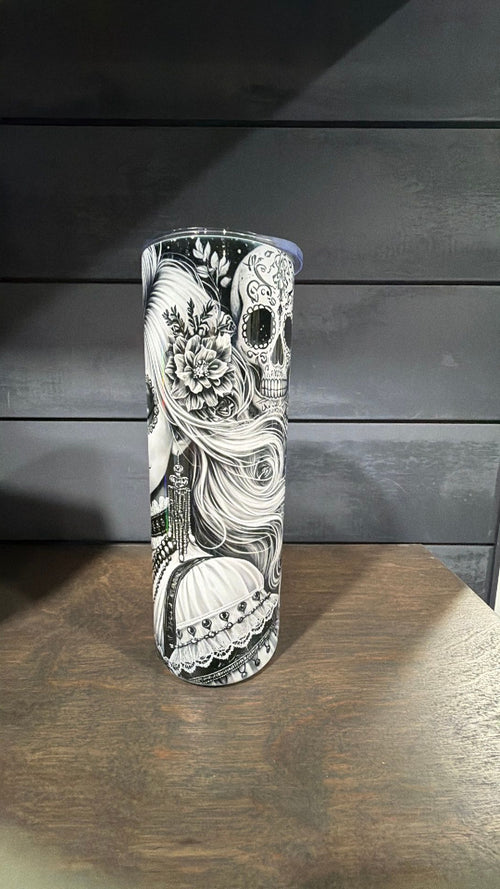Black and white sugar skull tumbler