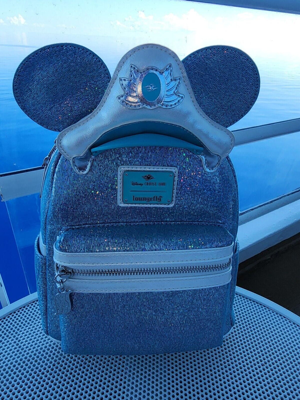 Disney Cruise Line DCL 25th Silver Anniversary Loungefly Backpack Aqua Glitter