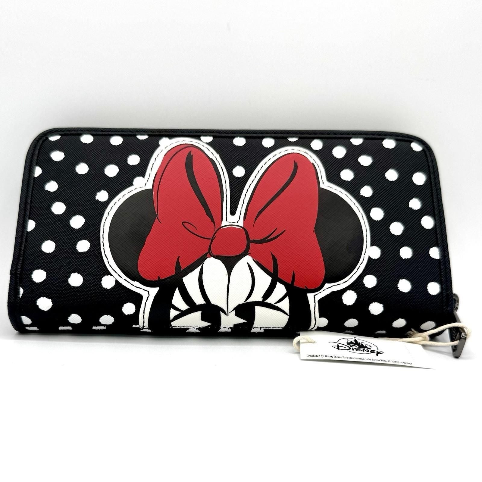 Loungefly NWT Disney Parks Minnie Mouse White Polka Dot Red Bow Zip Around Wallet