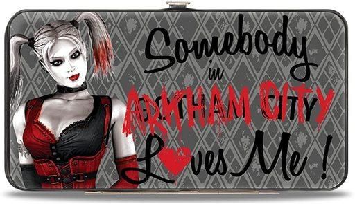DC Comics Wallet  Hinged  Harley Quinn Somebody in Arkham City Loves Me Grays Black Red  Vegan Leather